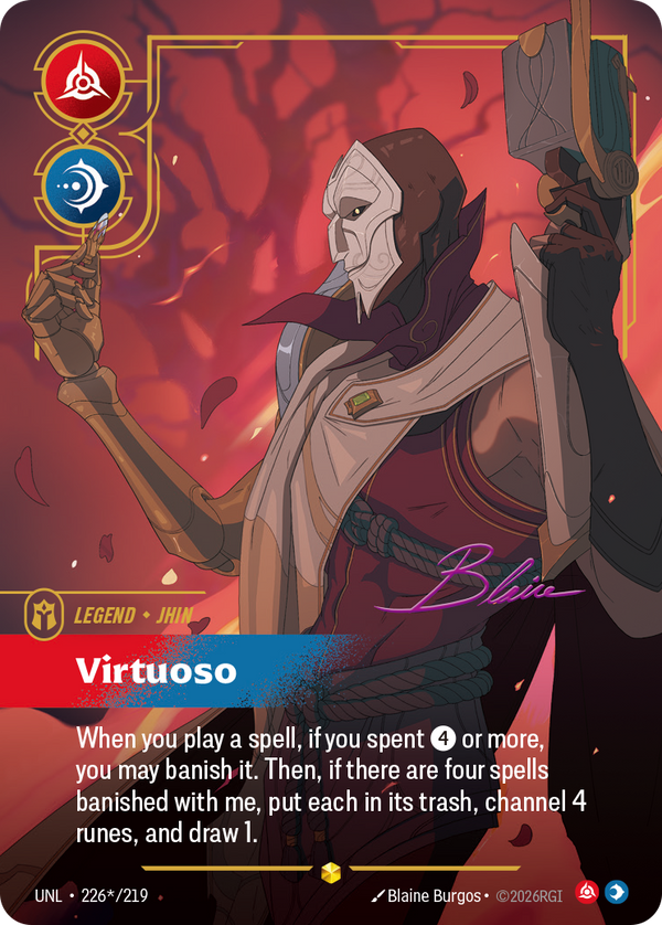 Riftbound Legend: Virtuoso. When you play a spell, if you spent [4] or more, you may banish it. Then, if there are four spells banished with me, put each in its trash, channel 4 runes, and draw 1.