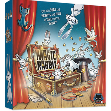 Board game box for 'Magic Rabbit' with rabbits and a magician's hat on a blue and red background.