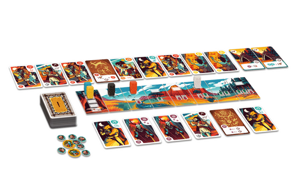 Board game components including cards and a game board on a white background