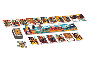 Board game components including cards and a game board on a white background