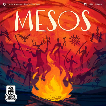 Board game cover titled 'MESOS' with silhouettes around a fire and abstract designs.