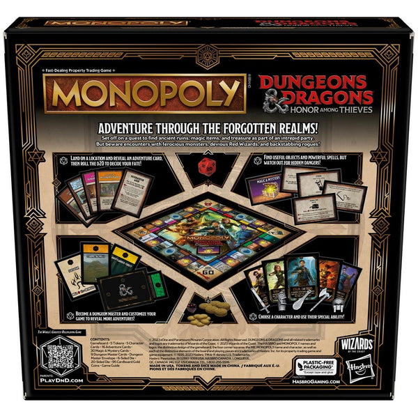 Monopoly Dungeons & Dragons board game packaging with game pieces and text.