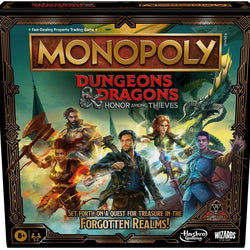 Monopoly Dungeons & Dragons game box with characters and dragons on a blue background