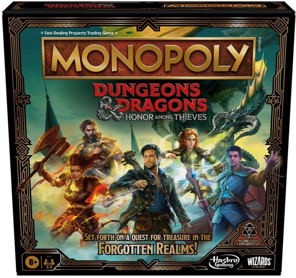 Monopoly Dungeons & Dragons game box with characters and dragons on a blue background