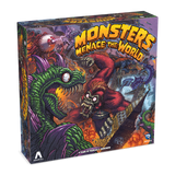 Board game box titled 'Monsters Menace the World' with colorful monster illustrations on a white background.
