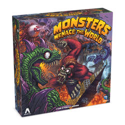 Board game box titled 'Monsters Menace the World' with colorful monster illustrations on a white background.