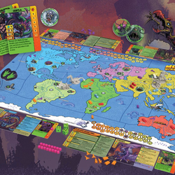 MONSTERS MENACE THE WORLD Board game with a world map and various game pieces on a dark surface