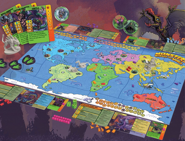 MONSTERS MENACE THE WORLD Board game with a world map and various game pieces on a dark surface