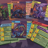 Collection of fantasy creature cards with detailed artwork on a purple background
