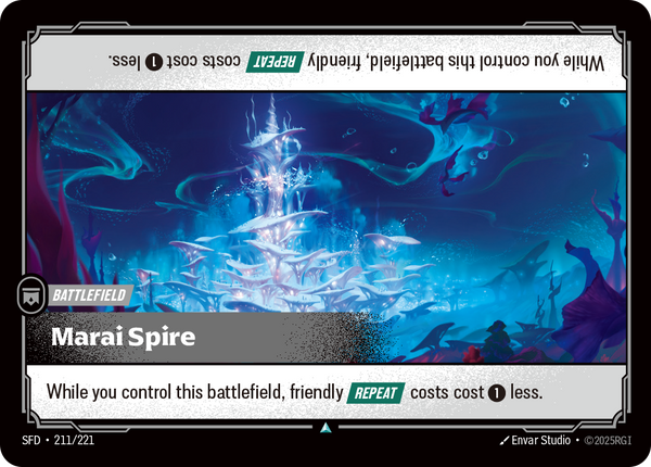 Riftbound Battlefield: Marai Spire. While you control this battlefield, friendly [Repeat] costs cost [1] less.