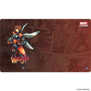 Playmat with Marvel character design featuring 'Wasp' on a brown background.