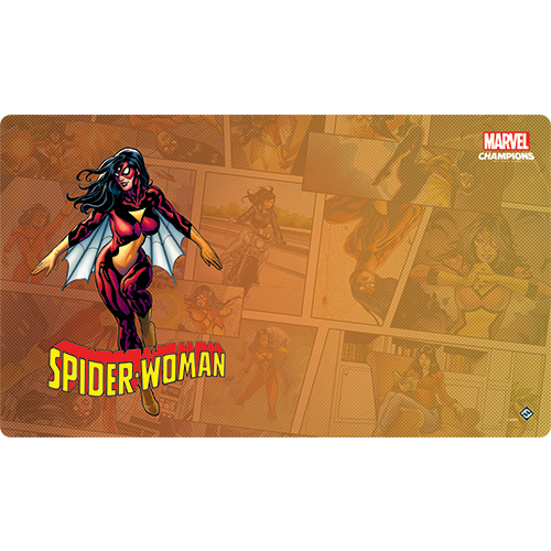 Spider-Woman character on a Marvel Champions game mat with comic book background
