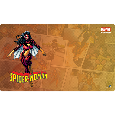 Spider-Woman character on a Marvel Champions game mat with comic book background