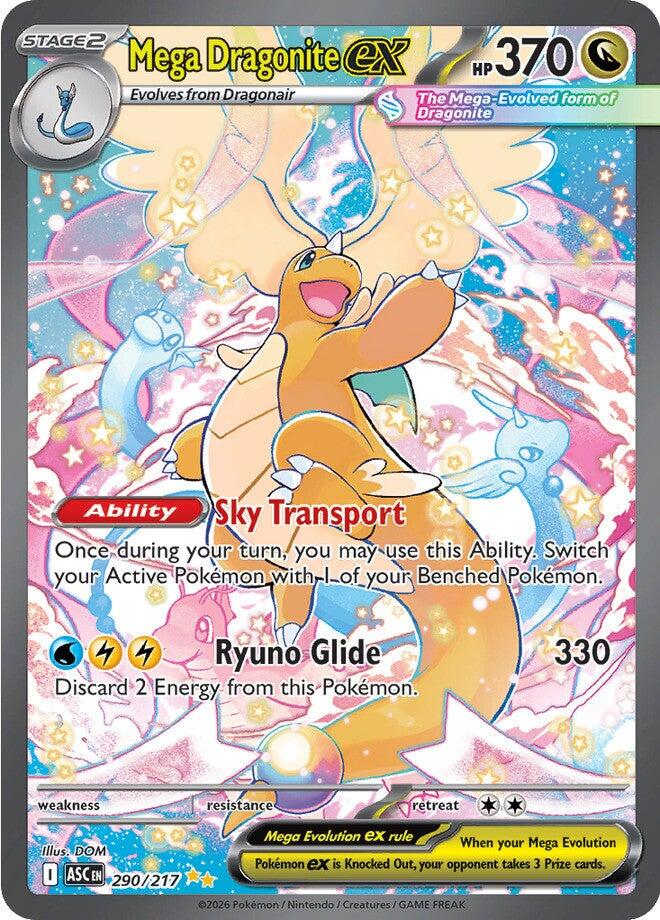 Pokémon trading card featuring a Mega Dragonite EX with colorful design and text.