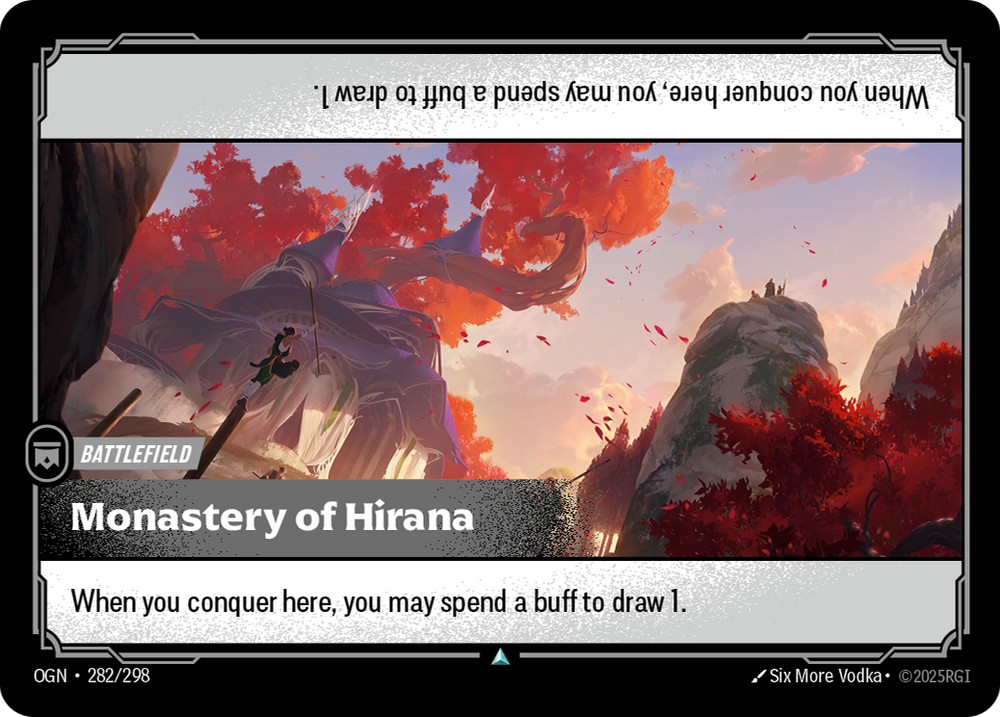 Riftbound Battlefield: Monastery of Hirana. When you conquer here, you may spend a buff to draw 1.
