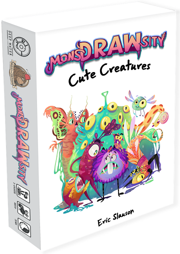 Box of 'MonsDrawsity Cute Creatures' with colorful creature illustrations on a white background