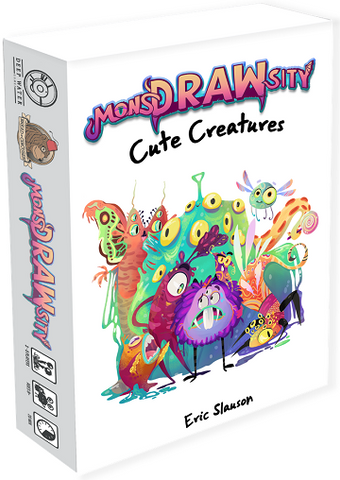 Box of 'MonsDrawsity Cute Creatures' with colorful creature illustrations on a white background