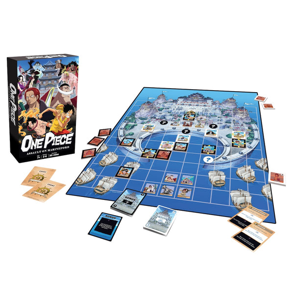 One Piece board game set with characters and cards on a blue map