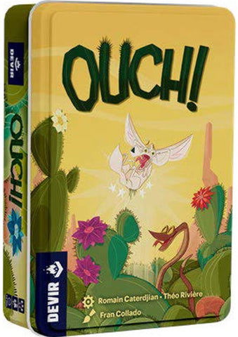 Board game box titled 'OUCH!' with cartoon characters and cacti on a yellow background
