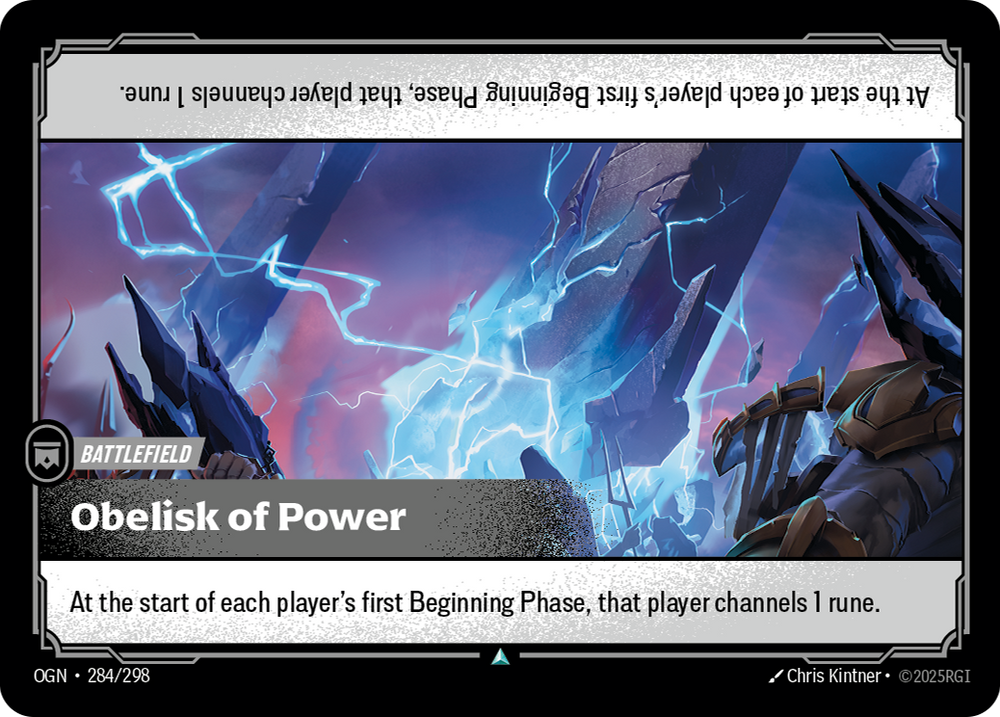 Riftbound Battlefield: Obelisk of Power. At the start of each player's first Beginning Phase, that player channels 1 rune.