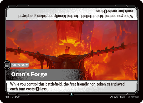 Riftbound Battlefield: Ornn's Forge. While you control this battlefield, the first friendly non-token gear played each turn costs [1] less.