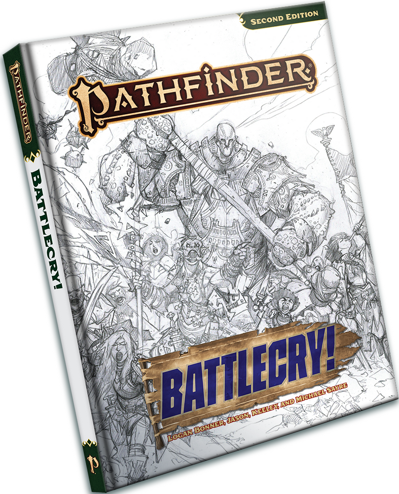 Pathfinder Battlecry! Second Edition book cover with illustrations of characters and text.