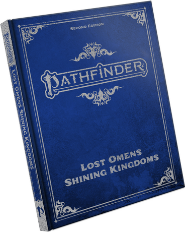 Blue book titled 'Pathfinder Lost Omens Shining Kingdoms' on a white background