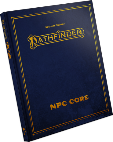 Blue book titled 'Pathfinder NPC Core Second Edition' with gold text on a white background
