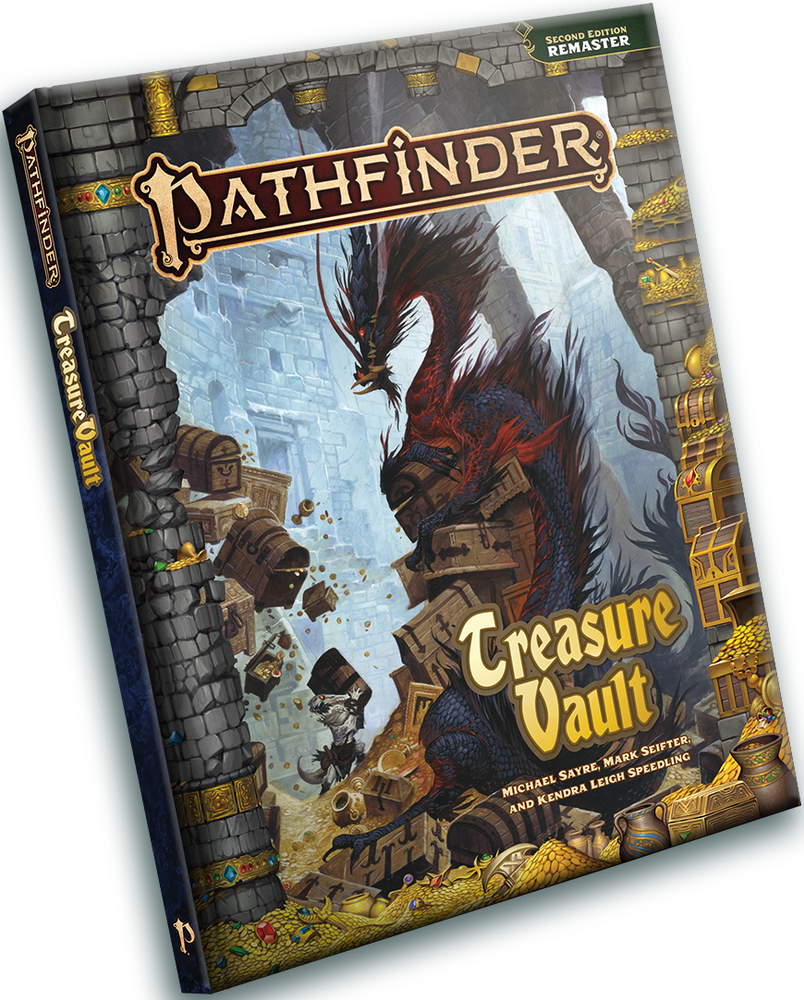 Pathfinder Treasure Vault book cover with dragon and treasure illustration