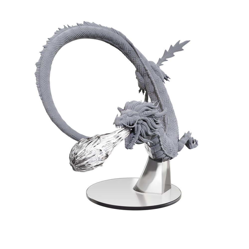 Gray dragon figurine with a clear base on a white background