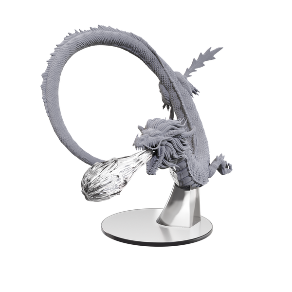 Gray dragon figurine with a clear base on a white background
