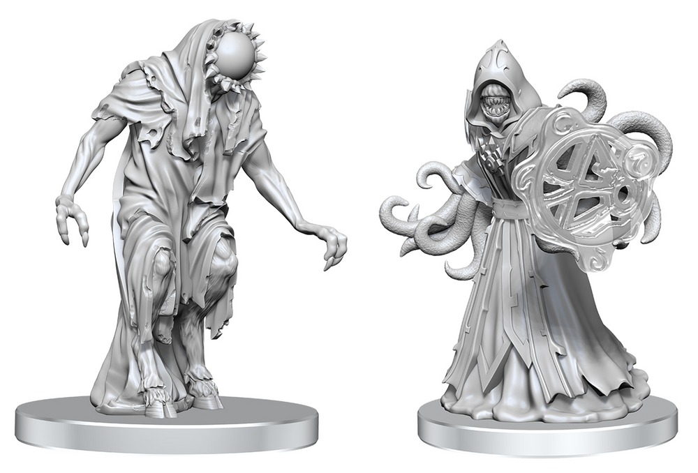Two silver figurines on white bases with intricate designs.
