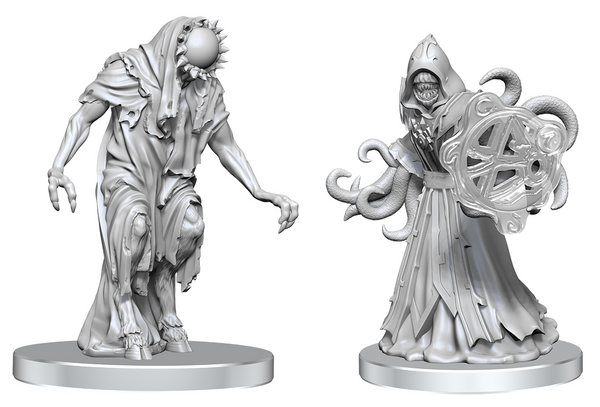 Two silver figurines on white bases with intricate designs.