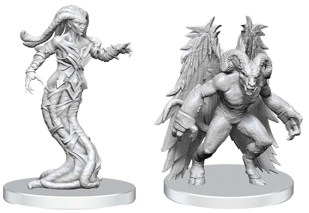 Two fantasy figurines on white bases, one humanoid and one creature-like, against a white background.