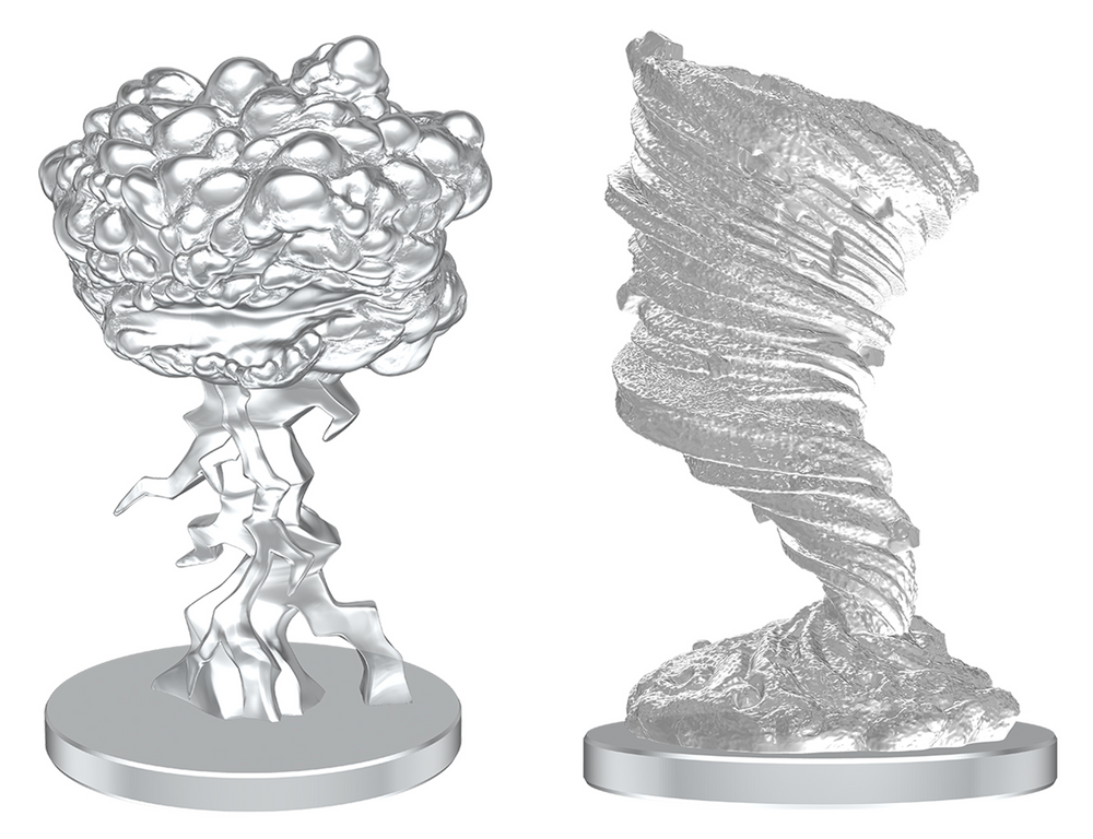 Two metallic figurines resembling a flower and a tornado on a white background