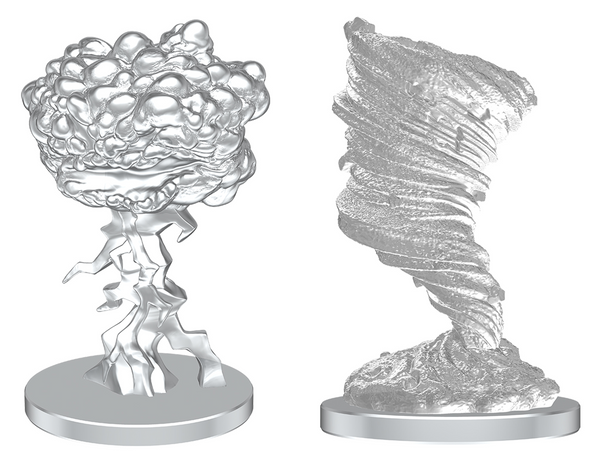 Two metallic figurines resembling a flower and a tornado on a white background