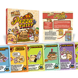 Board game components including a box, cards, and game pieces on a white background