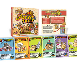 Board game components including a box, cards, and game pieces on a white background