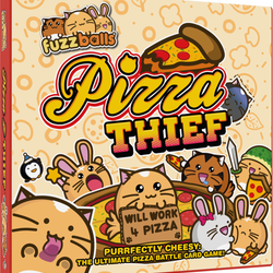 Board game box for 'Pizza Thief' with cartoon characters and pizza graphics.
