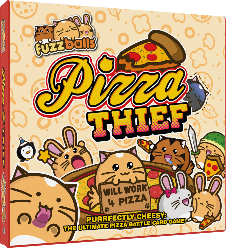 Board game box for 'Pizza Thief' with cartoon characters and pizza graphics.