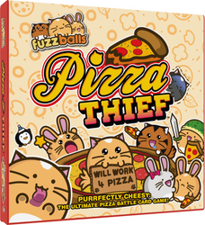 Board game box for 'Pizza Thief' with cartoon characters and pizza graphics.