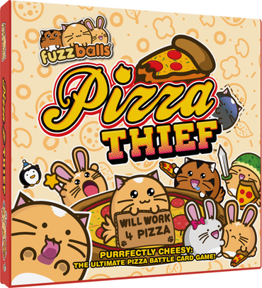 Board game box for 'Pizza Thief' with cartoon characters and pizza graphics.