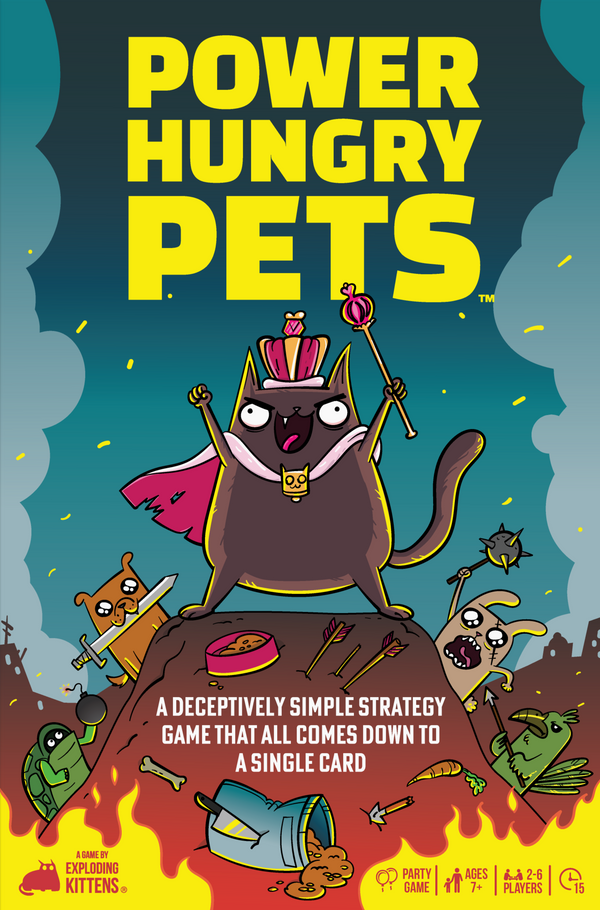 Cover of 'Power Hungry Pets' game with cartoon animals and text on a dark background