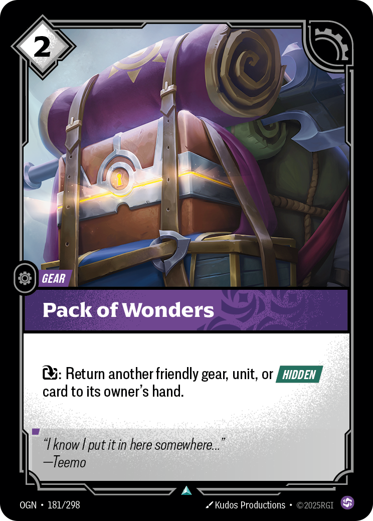 Riftbound Gear: Pack of Wonders. [E]: Return another friendly gear, unit, or facedown card to its owner's hand.