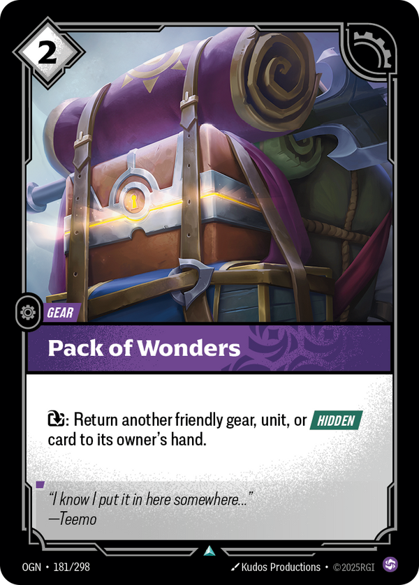Riftbound Gear: Pack of Wonders. [E]: Return another friendly gear, unit, or facedown card to its owner's hand.