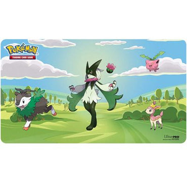Pokémon trading card game playmat with characters on a grassy field background