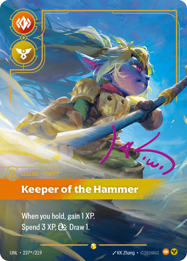 Riftbound Legend: Keeper of the Hammer. When you hold, gain 1 XP.
Spend 3 XP, [T]: Draw 1.