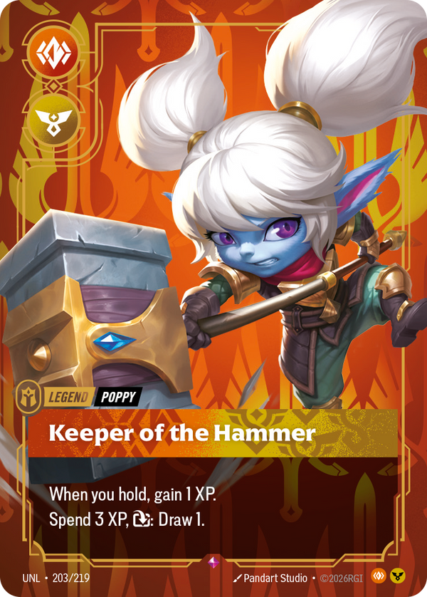 Riftbound Legend: Keeper of the Hammer. When you hold, gain 1 XP.
Spend 3 XP, [T]: Draw 1.
