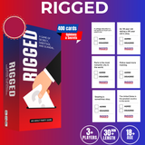 Box of 'Rigged' game with cards on a gradient red and purple background