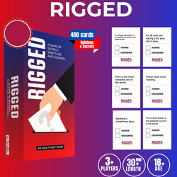 Box of 'Rigged' game with cards on a gradient red and purple background